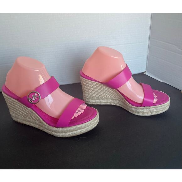 Michael Kors Leather Hot Pink Lucinda Slip On Espadrille Jute Wedge Sandals 10 - Picture 1 of 10